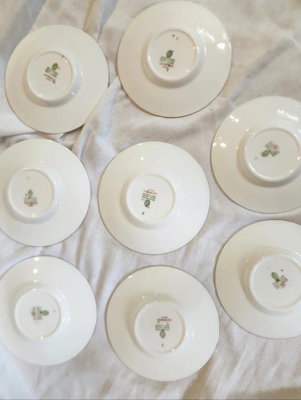 Wedgwood Lichfield Bone China Saucer Set 8 Floral Gold Rim England Vintage